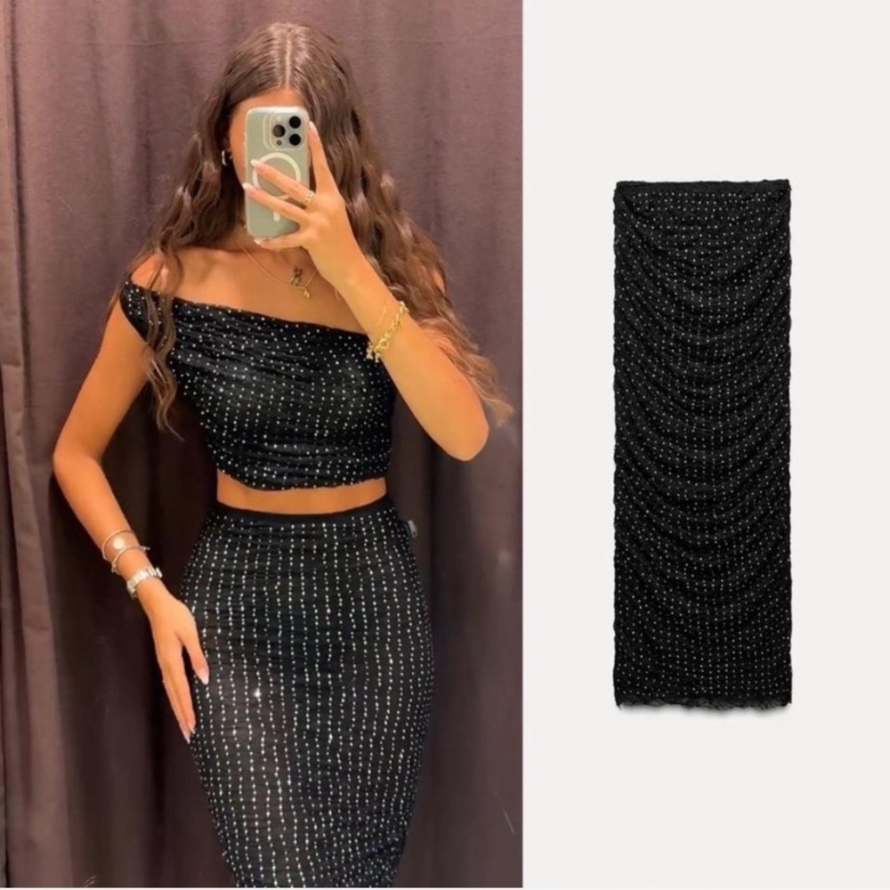 Zara Bedazzled Jewel Sparkle Lace Skirt Tight Night Out Midi Skirt Size XS NWT